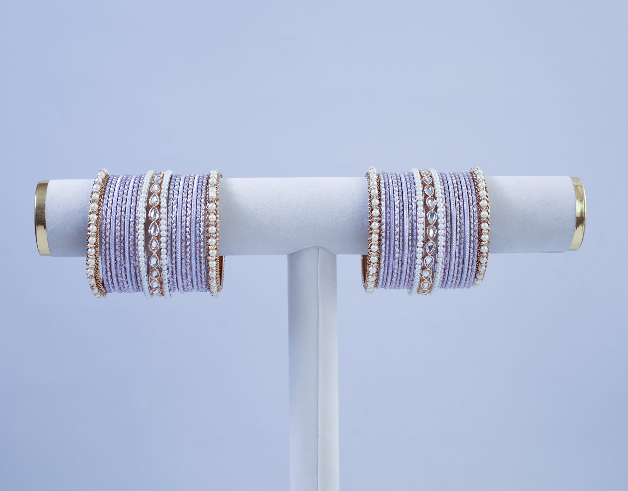LIGHT PURPLE  AND PEARL WHITE  BANGLE WITH KUNDAN ACCENTS - 2 HAND SET
