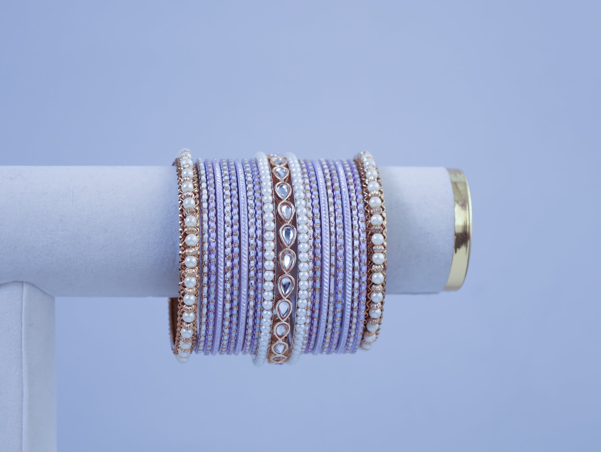 LIGHT PURPLE  AND PEARL WHITE  BANGLE WITH KUNDAN ACCENTS - 2 HAND SET