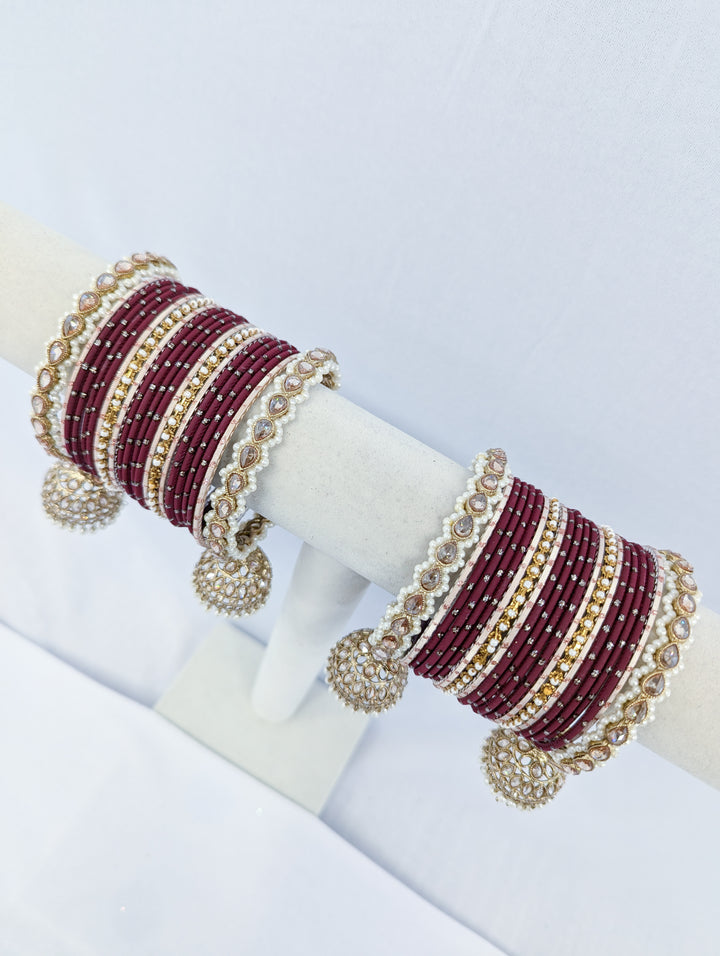 Maroon Polki Jhumka Bangles - 2 HAND SET