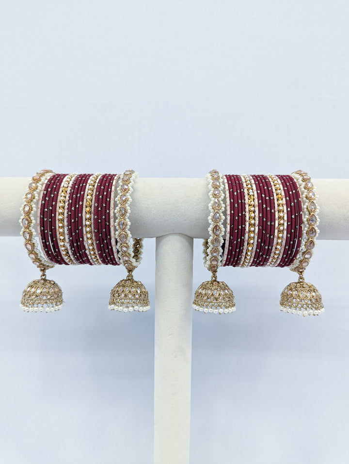 Maroon Polki Jhumka Bangles - 2 HAND SET