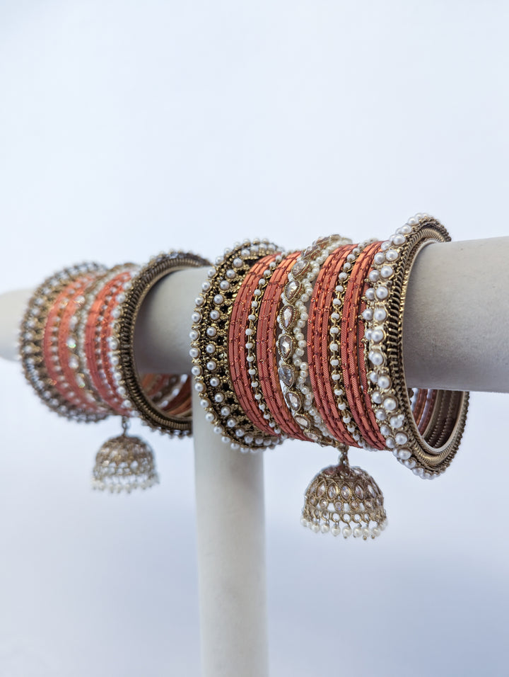 Orange  Polki Jhumka Bangles  - 2 HAND SET