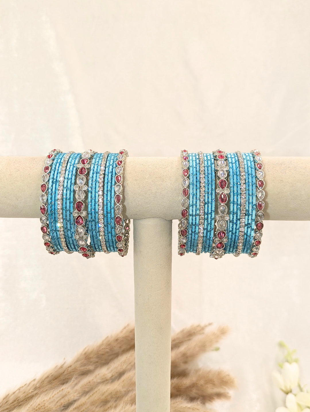 Aarohi Purple & Silver Polki Stone Blue Bangles