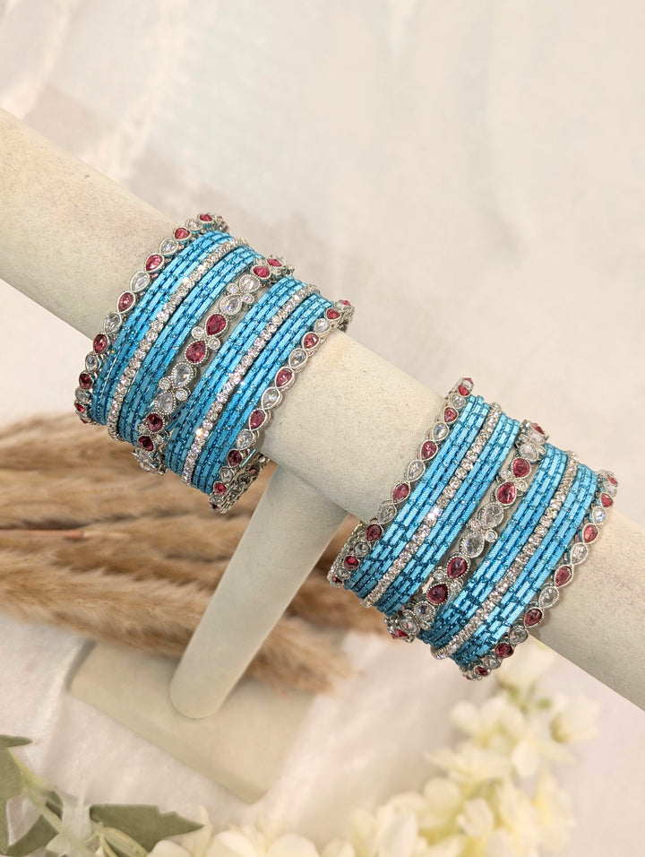 Aarohi Purple & Silver Polki Stone Blue Bangles