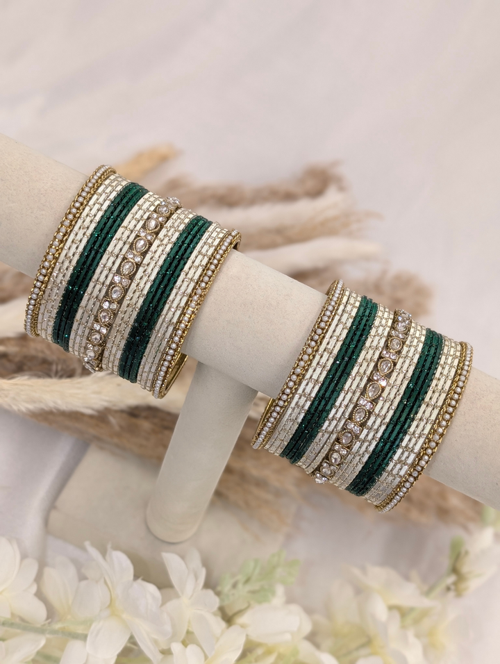 Green and White Pink Polki Bangles