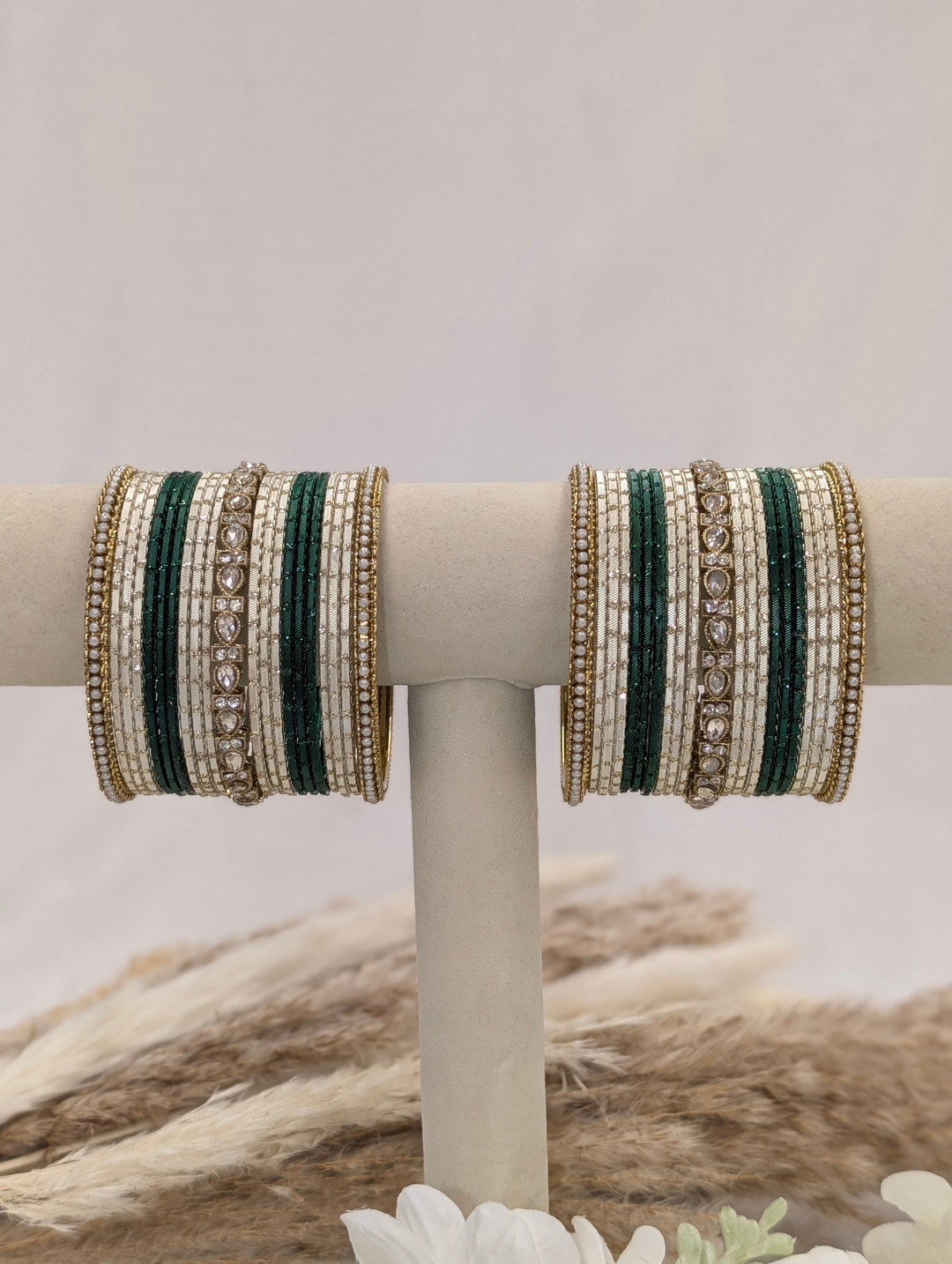 Green and White Pink Polki Bangles