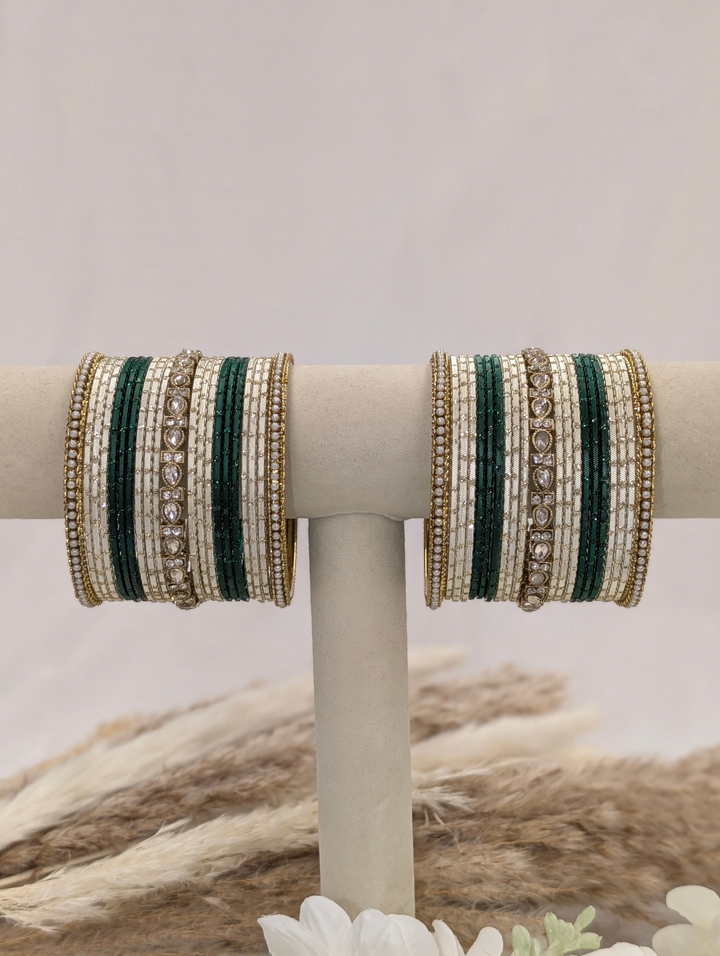 Green and White Pink Polki Bangles