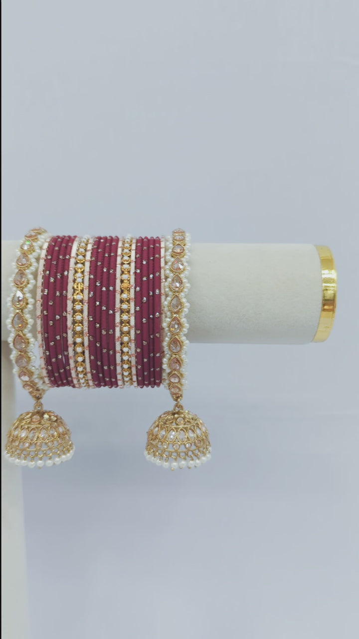 Maroon Polki Jhumka Bangles - 2 HAND SET