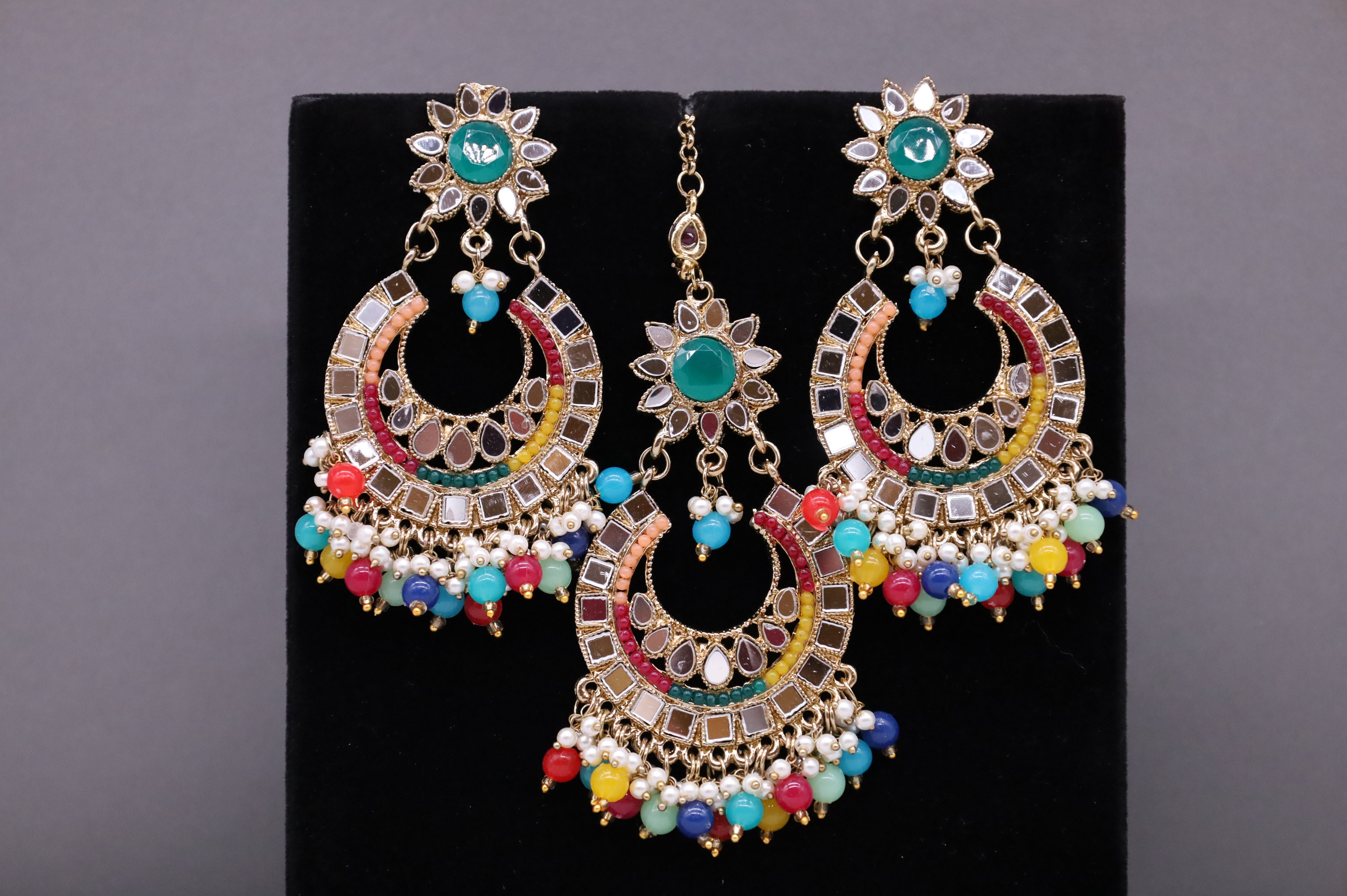 Jaanvi Mirror Work Earrings with Tikka